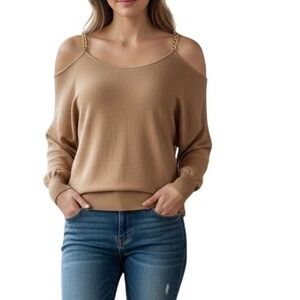 Bebe Cold Shoulder Chain Strap Sweater‎ Golden Glow Knit Dolman Sleeve M